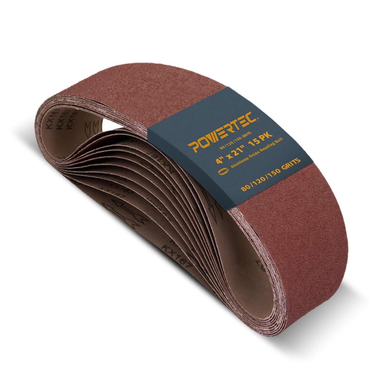 POWERTEC 15PK 4 x 21 Inch Sanding Belts for Belt Sander 5 Each of 80 120 150 Grits Aluminum Oxide Belt Sander Paper Assortment for Wood Paint Sanding Metal Polishing 110011