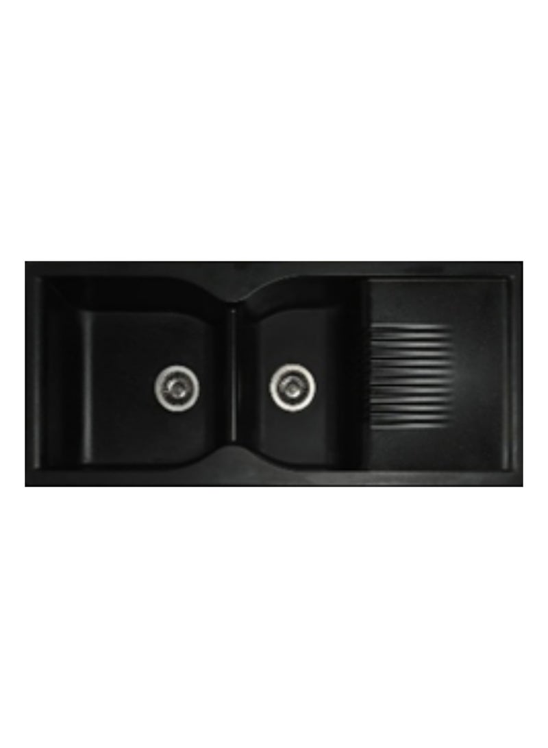 Granite Topmount Double Bowl Kitchen Sink with Drain - SZS0801028, Black Color, 80% Quartz 20% Acrylic Resin, Basket Waste & Pipe Included, 1145 × 495 × 210 mm