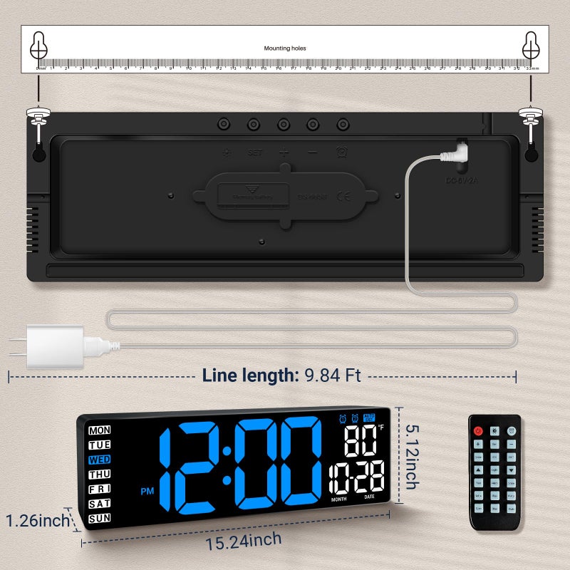 ANSOPER 16.5" Large Digital Wall Clock with Remote Control, Auto-Dimming LED Display with Date Temp, Big Number Wall Mount Decor Clock for Seniors, Classroom, Dorm, Home, Office, Gym Blue - Image 3
