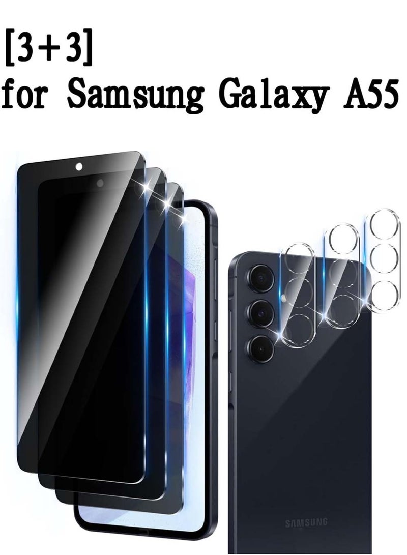 3+3 Pack Samsung Galaxy A55 Privacy Screen Protector Designed With Camera Lens Protector,Full Coverage Anti-Spy Tempered Glass Film,9H Hardness,Bubble Free,Easy to Install - Image 1