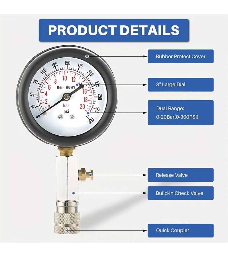 طقم اختبار الضغط لمحركات المركبات 9 قطع 0-300 رطل/بوصة² M10 M12 M14 M18 - Image 3