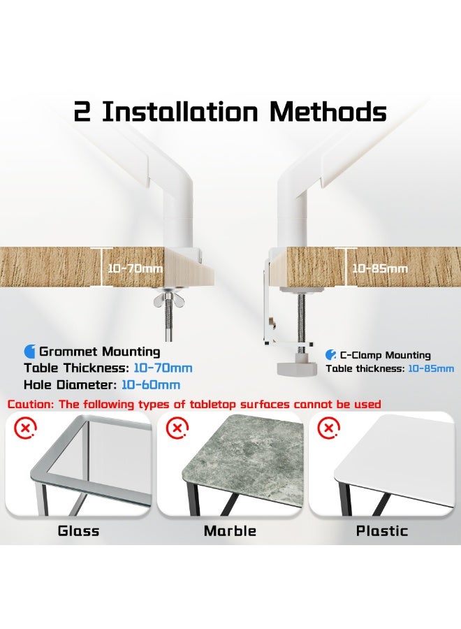 ETHU Monitor Arm, Heavy Duty Monitor Desk Mount with Gas Spring, Fits 17-40 inch Screens, Holds 2-14KG, Full Motion Adjustable Monitor Stand for Office & Home, VESA 75x75/100x100, Pure White - Image 5