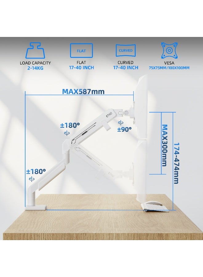 ETHU Monitor Arm, Heavy Duty Monitor Desk Mount with Gas Spring, Fits 17-40 inch Screens, Holds 2-14KG, Full Motion Adjustable Monitor Stand for Office & Home, VESA 75x75/100x100, Pure White - Image 3