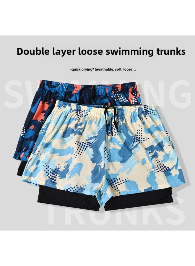 Loquat Swimming Trunks Men's Double-layer Plus Size Loose Printed Adult Swimming Trunks Professional Quick-drying Hot Spring Swimming Trunks Beach Pants-Color:Yk48893 Blue (lace Inside)- - Image 4