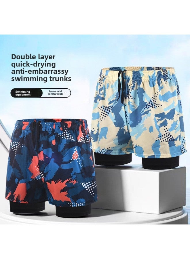 Loquat Swimming Trunks Men's Double-layer Plus Size Loose Printed Adult Swimming Trunks Professional Quick-drying Hot Spring Swimming Trunks Beach Pants-Color:Yk48893 Blue (lace Inside)- - Image 3