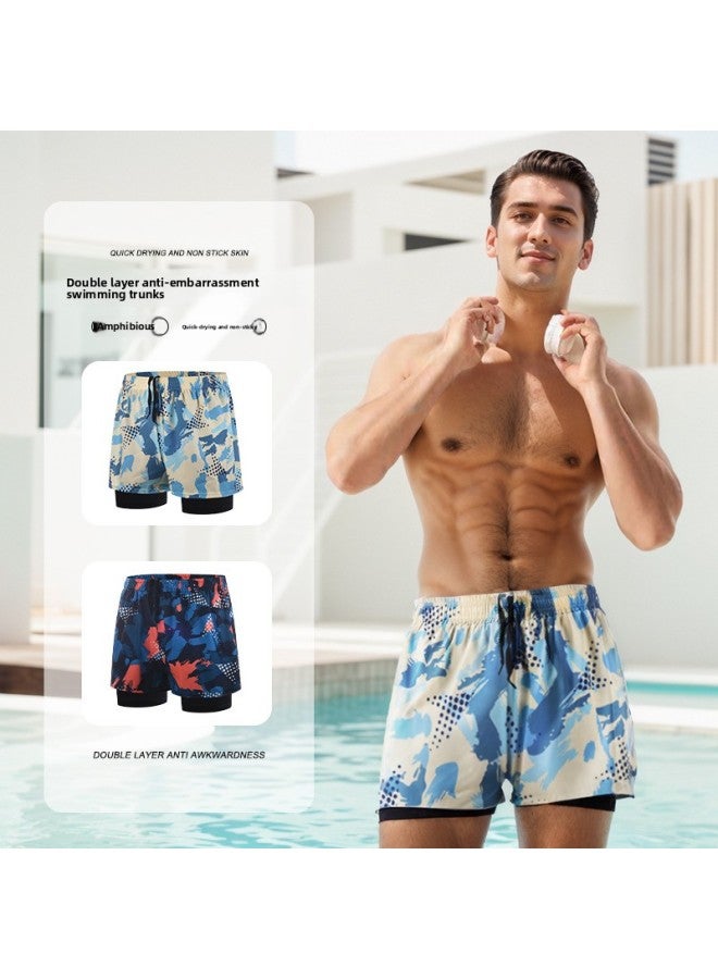 Loquat Swimming Trunks Men's Double-layer Plus Size Loose Printed Adult Swimming Trunks Professional Quick-drying Hot Spring Swimming Trunks Beach Pants-Color:Yk48893 Blue (lace Inside)- - Image 2