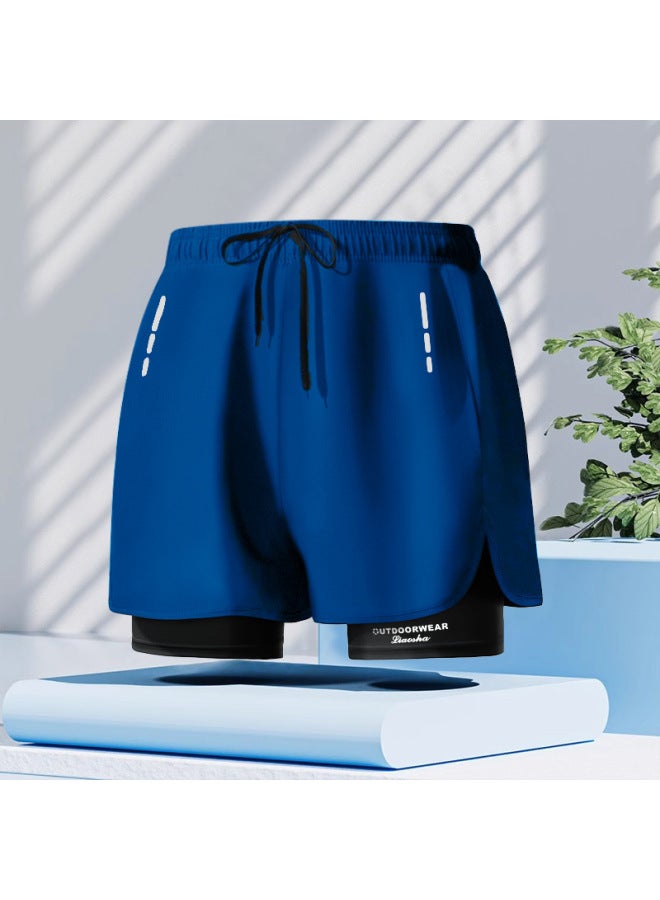 Loquat Swimming Trunks Men's Double-layer Plus Size Loose Printed Adult Swimming Trunks Professional Quick-drying Hot Spring Swimming Trunks Beach Pants-Color:Yk48893 Blue (lace Inside)- - Image 1