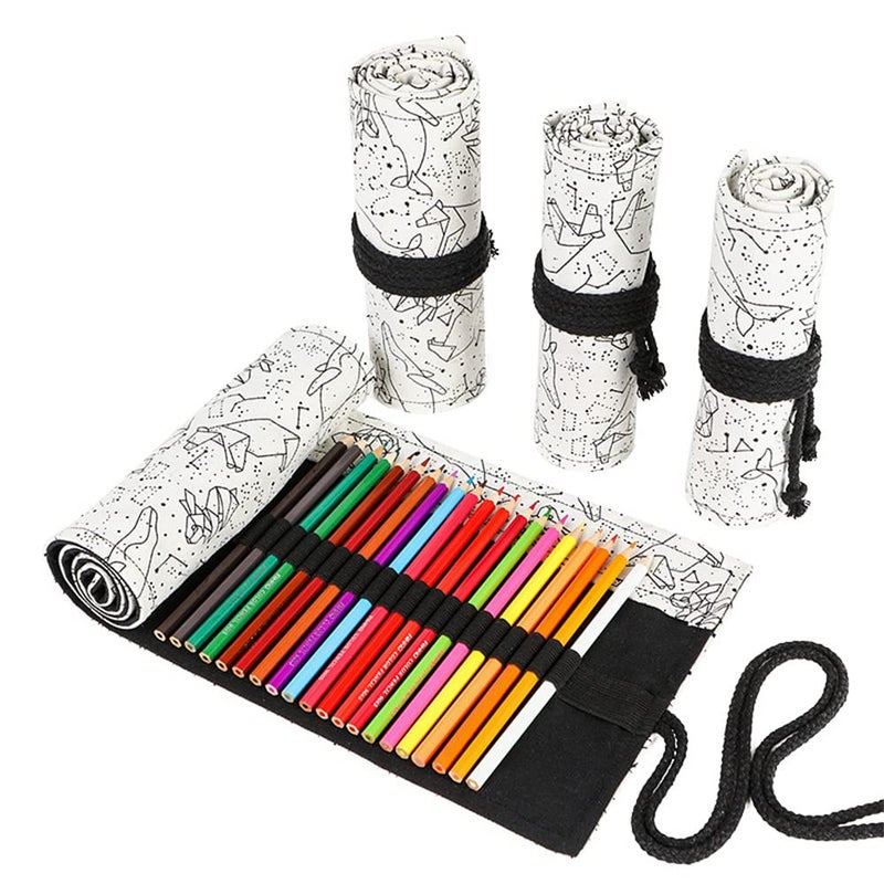 DIYOMR 243672 Slots Pencil Wrap Pencil Rolls Artist Colored Pencils Roll Up Bag Short Brushes Pouch Case Pencils Organizer for Drawing Coloring and Sketching White Starry Sky 72slots
