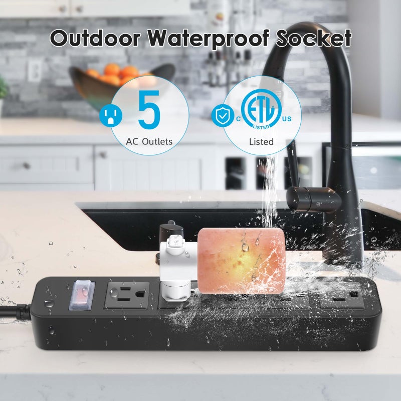 CCCEI Outdoor Power Strip Waterproof with 5 Outlets, Garden Weatherproof Surge Protector, Christmas Multiple Outlet Exterior Socket for Lighting Appliances. 5FT Extension Cord Strip with Flat Plug. Black - Image 5