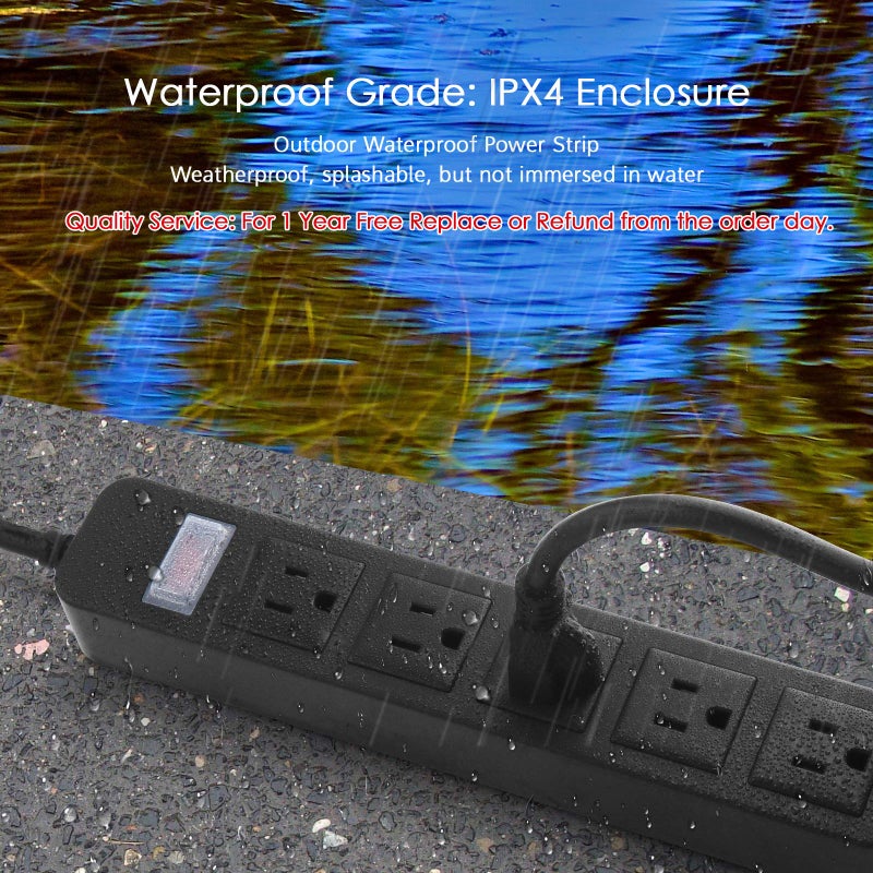 CCCEI Outdoor Power Strip Waterproof with 5 Outlets, Garden Weatherproof Surge Protector, Christmas Multiple Outlet Exterior Socket for Lighting Appliances. 5FT Extension Cord Strip with Flat Plug. Black - Image 2