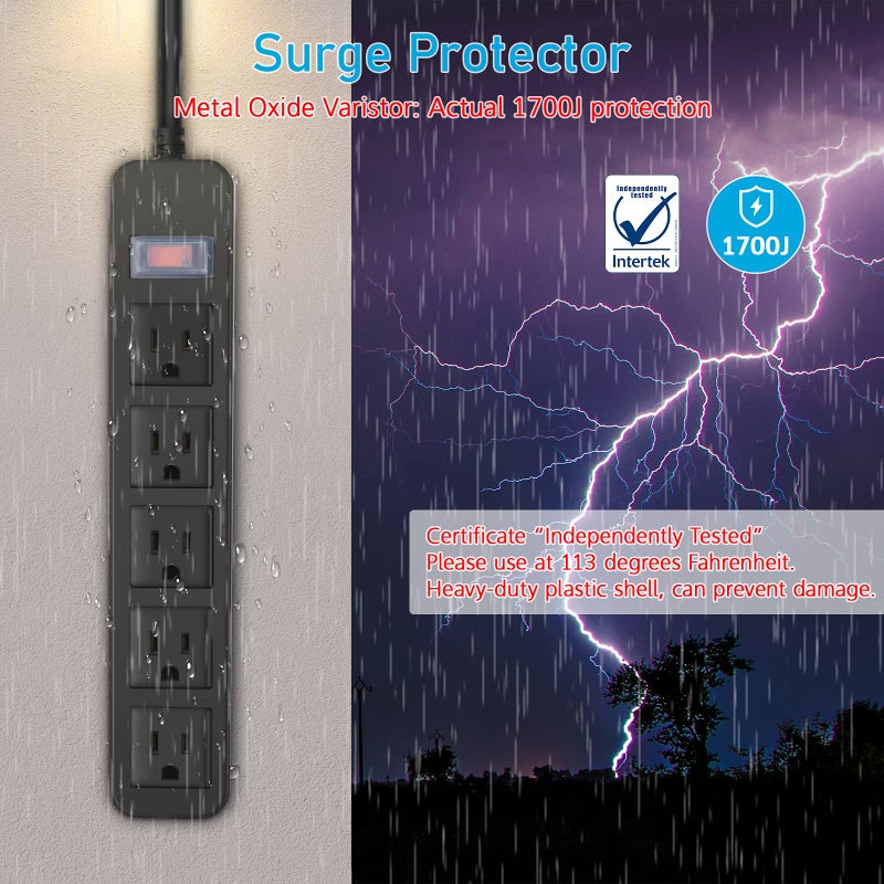 CCCEI Outdoor Power Strip Waterproof with 5 Outlets, Garden Weatherproof Surge Protector, Christmas Multiple Outlet Exterior Socket for Lighting Appliances. 5FT Extension Cord Strip with Flat Plug. Black - Image 3