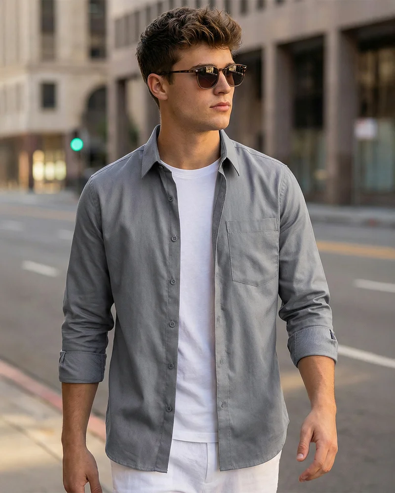 bewakoof Men's Grey Oxford Shirt