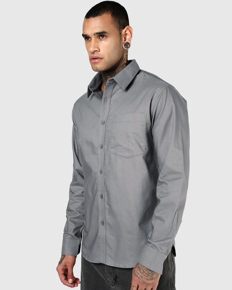 bewakoof Men's Grey Oxford Shirt