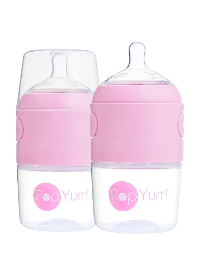 PopYum زجاجات حليب الأطفال بوب يام 5 أونص وردية مضادة للمغص، 2-pack مع حلمات تدفق بطيء رقم 1، 150 مل، خالية من BPA، قفل طبيعي - Image 1