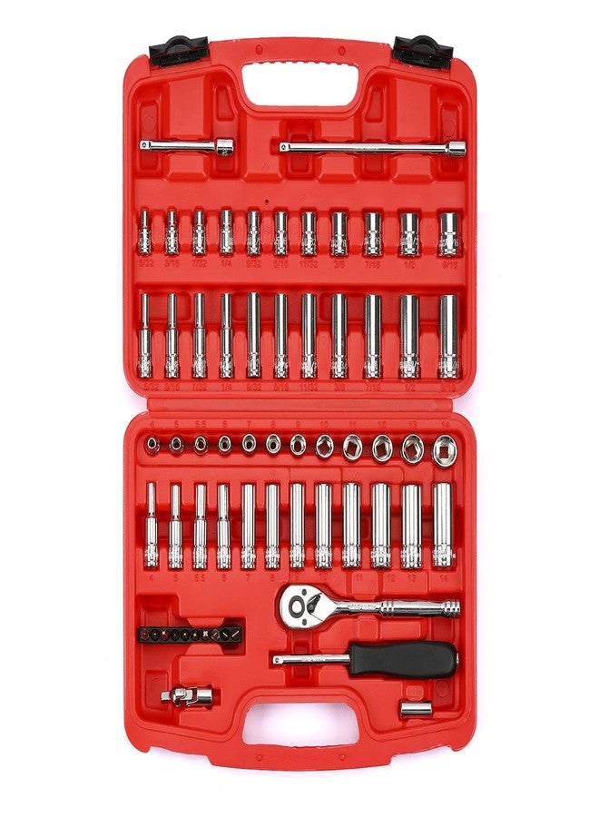 MIXPOWER 62-Piece 1/4-Inch Dr. Master Socket Set with Ratchets,Universal Joint, Extensions with 1/4'' Dr. Bits Set, SAE/Metric 6-Point 5/32-Inch - 9/16-Inch, 4 mm - 14 mm, CR-V Socket - Image 1