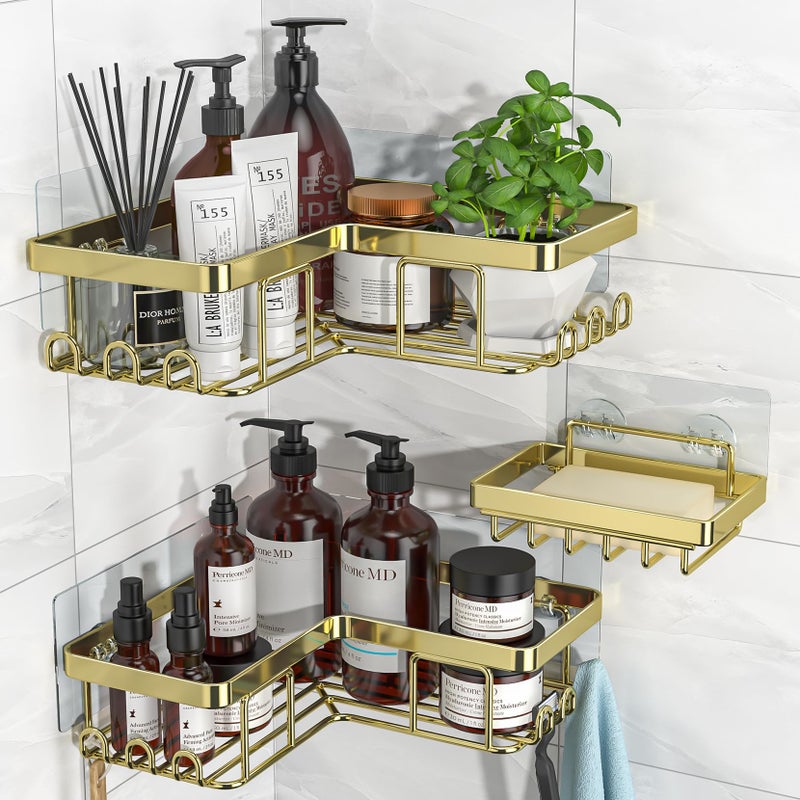 YASONIC Corner Shower Caddy 3Pack Adhesive Bathroom Caddy with Soap Holder and 12 Hooks Rustproof Stainless Steel Shower Organizer No Drilling Wall Mounted Shower Rack for Bathroom Gold