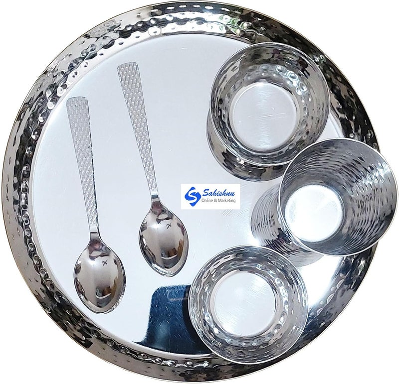 Sahishnu Online And Marketing Indian Dinnerware Stainless Steel traditional Hammer Style dinner Set of Thali BowlsGlass and Spoons Silver - Image 2