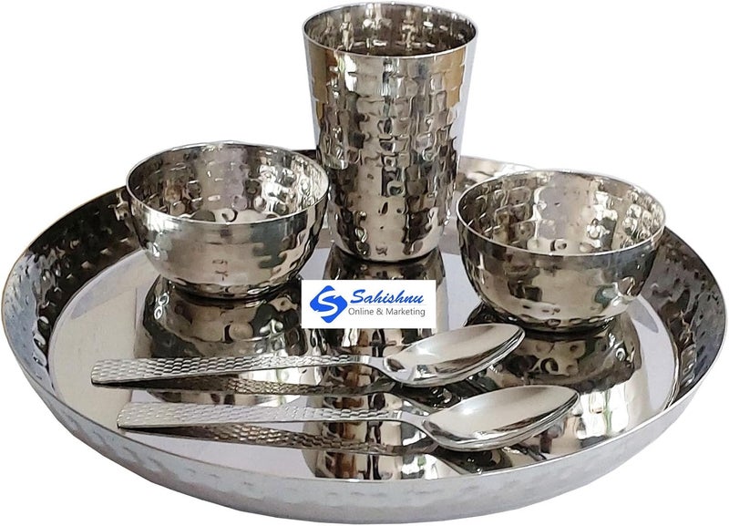 Sahishnu Online And Marketing Indian Dinnerware Stainless Steel traditional Hammer Style dinner Set of Thali BowlsGlass and Spoons Silver - Image 1