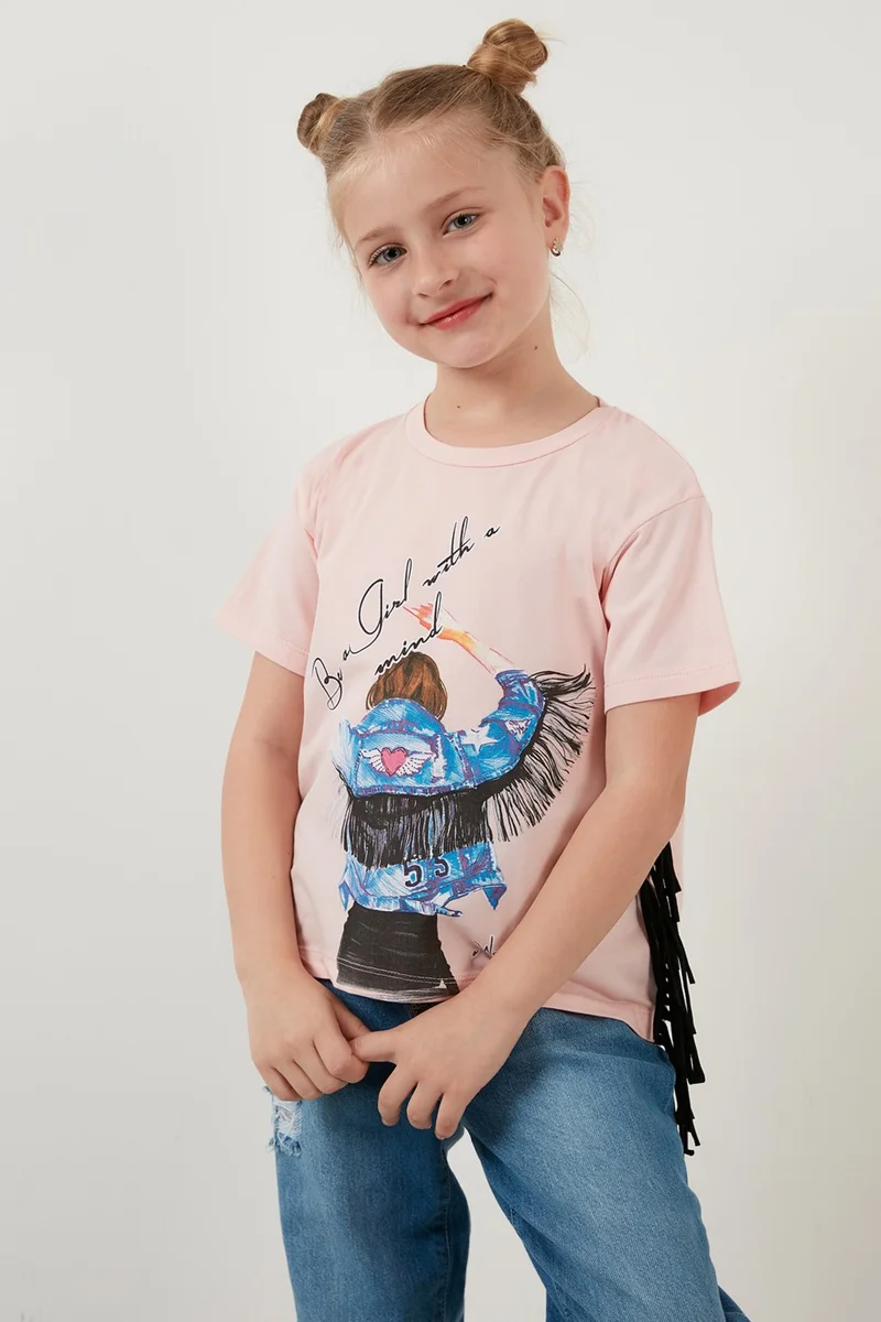 Lela Cotton Printed Tassel Detailed Crew Neck T Shirt Girl's T Shirt 6211020