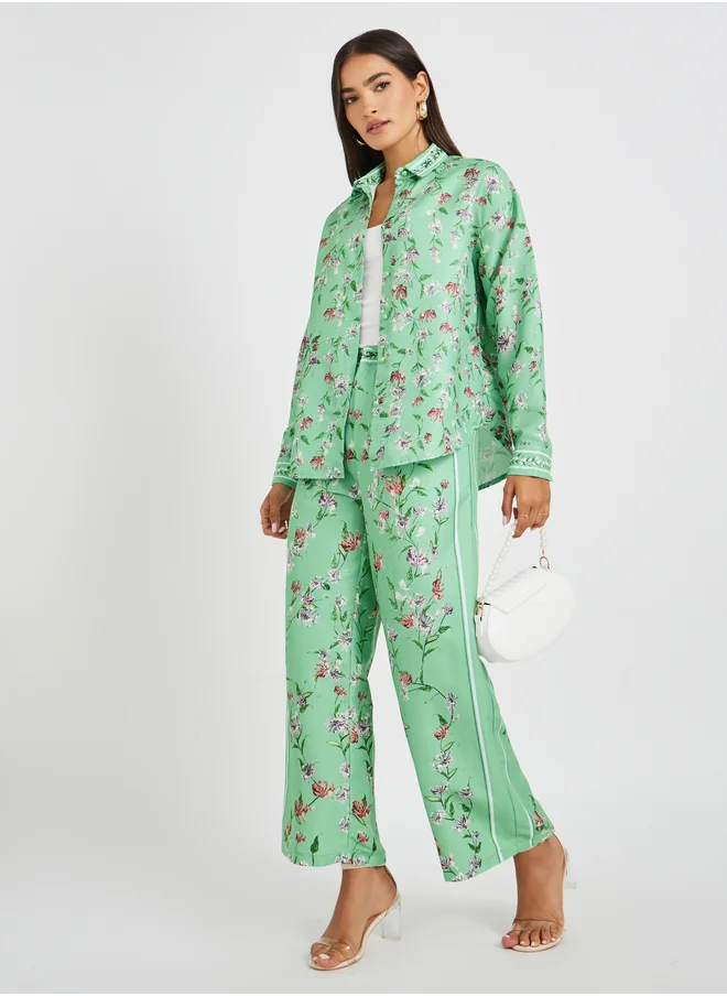 Styli Floral Printed Pleated Panelled Straight Leg Pants