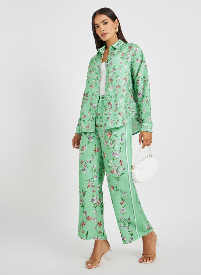 Styli Floral Printed Pleated Panelled Straight Leg Pants  - Image 1