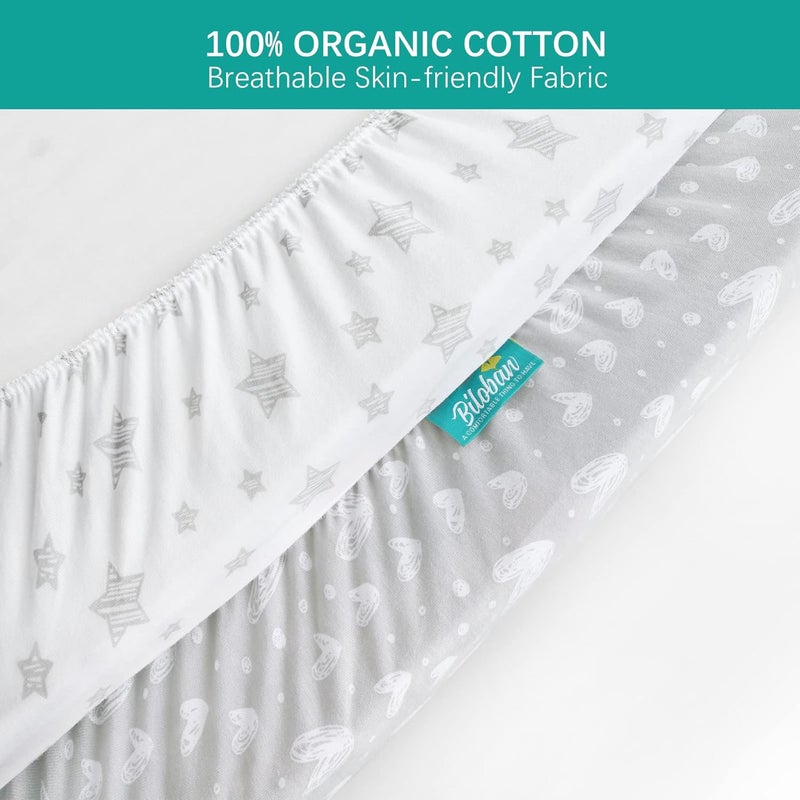 Biloban Waterproof Pack n Play Fitted Sheets 2 Pack,100% Cotton Mini Crib Mattress Cover Protector 38" X 25" Fits for Baby Playpen/Playard Mattress, Portable Crib Sheet, White & Grey Star Print - Image 2
