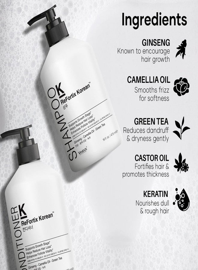 VANIDOX ReFortix Korean Shampoo and Conditioner Set, Enriched with Ginseng, Green Tea, and Camellia Oil, Supports Growth Stage and Helps Reduce Hair Loss for Stronger Hair (16 fl oz each) - Image 4