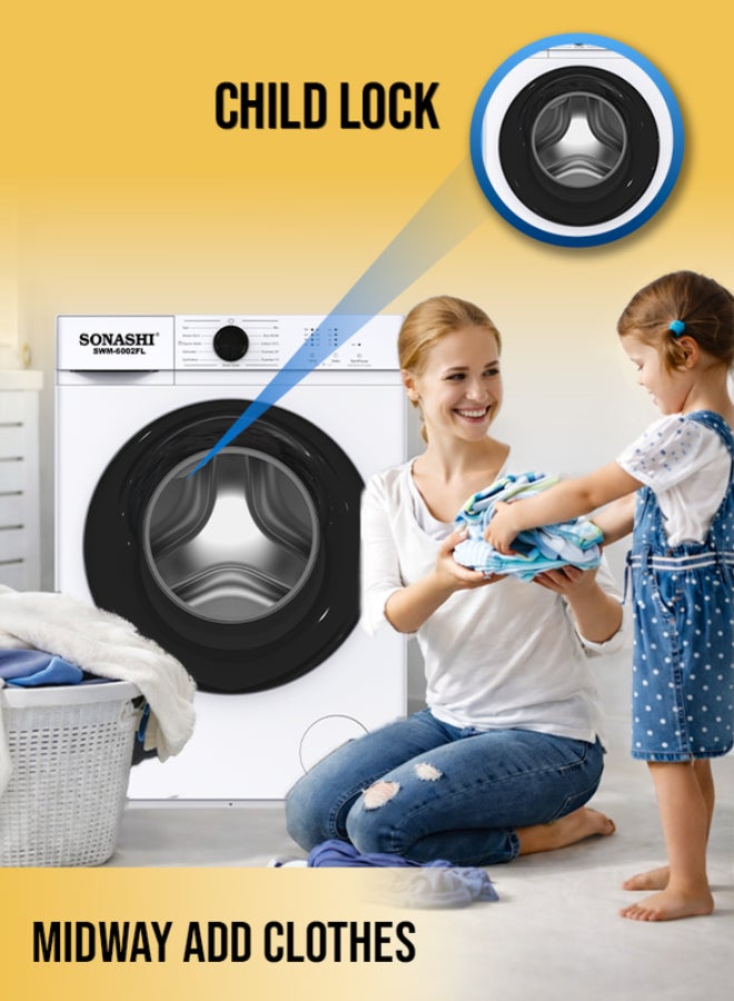 SONASHI 6kg Automatic Front Loading Washing Machine - 1200 RPM, 11 Wash Programs, Honeycomb Crystal S/S Drum, Midway Add Clothes, Child Lock & Power-Off Memory, Unbalance Protection, 1600W, 220-240V SWM-6002FL 6 kg 1600 W SWM-6002FL white - Image 3