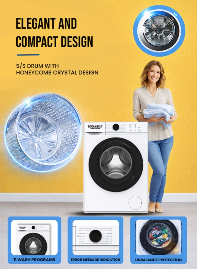 SONASHI 6kg Automatic Front Loading Washing Machine - 1200 RPM, 11 Wash Programs, Honeycomb Crystal S/S Drum, Midway Add Clothes, Child Lock & Power-Off Memory, Unbalance Protection, 1600W, 220-240V SWM-6002FL 6 kg 1600 W SWM-6002FL white - Image 2