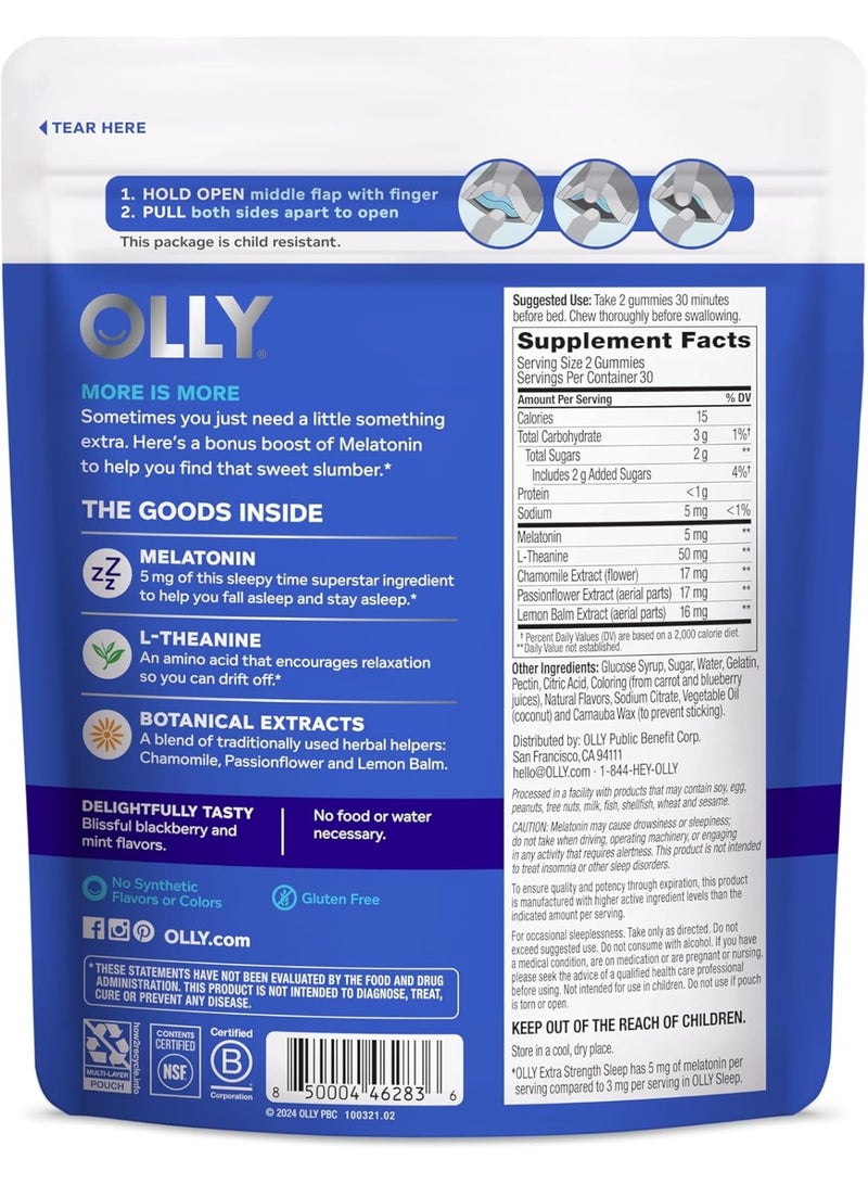 OLLY Extra Strength Sleep Gummy, Occasional Sleep Support, 5 mg Melatonin, L-Theanine, Chamomile, Lemon Balm, Sleep Aid, Blackberry - 60 Count - Image 2
