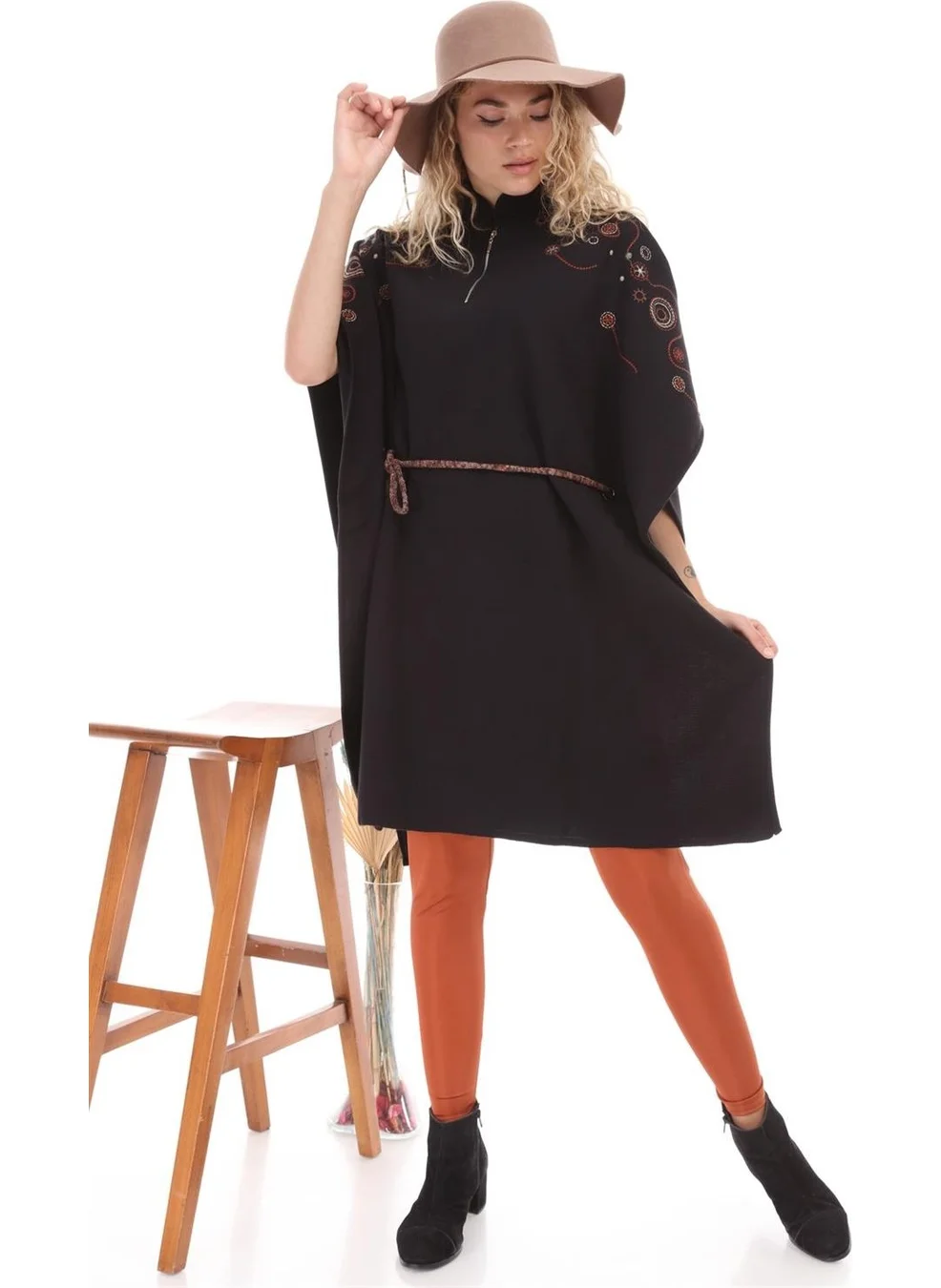 Garmi Women's Waist Belted Poncho Black