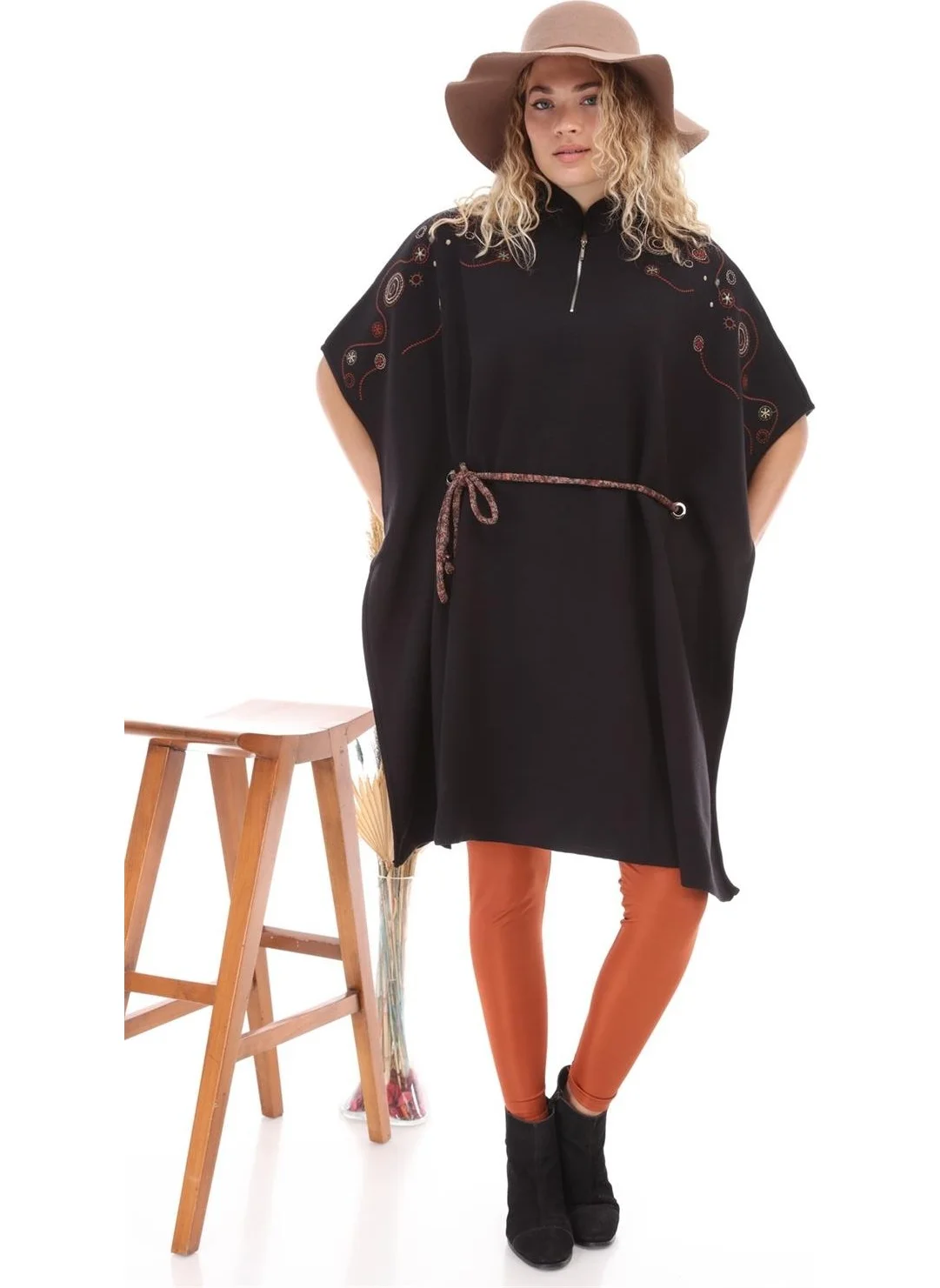 Garmi Women's Waist Belted Poncho Black