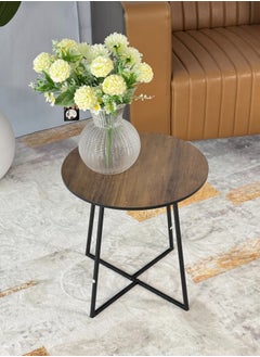 Living Modern brown wooden table, with black iron legs, 40X39 cm.  - Image 1