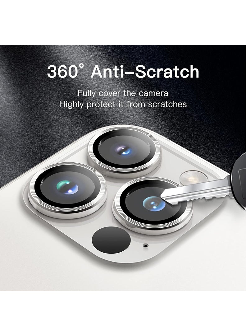 Theodor iPhone 15 Pro Max /15 Pro 3 Pcs Camera Lens Protector With 9H Tempered HD Glass Camera Cover Anti Scratch Aluminum Alloy Camera Ring, Silver Titanium - Image 4