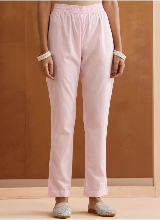 آي شين Palazzo Women Pink Cotton Kurta Set with Embroidered pattern Tunic and Palazzo features a Round neckline and Three-Fourth Sleeve secured with Elastic closure and styled in Straight Fit ideal for Festive moments — a must-have for your statement wardrobe.