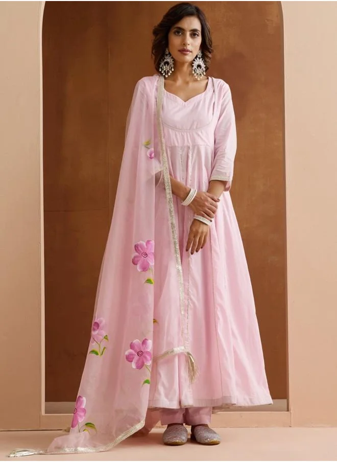 ISHIN Palazzo Women Pink Cotton Kurta Set with Embroidered pattern Tunic and Palazzo features a Round neckline and Three-Fourth Sleeve secured with Elastic closure and styled in Straight Fit ideal for Festive moments — a must-have for your statement wardrobe.