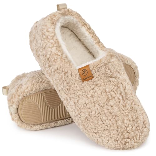 EverFoams Women’s Soft Curly Full Slippers Memory Foam Lightweight House Shoes Cozy Loafer with Polar Fleece Lining Khaki,8.5 US - Image 1