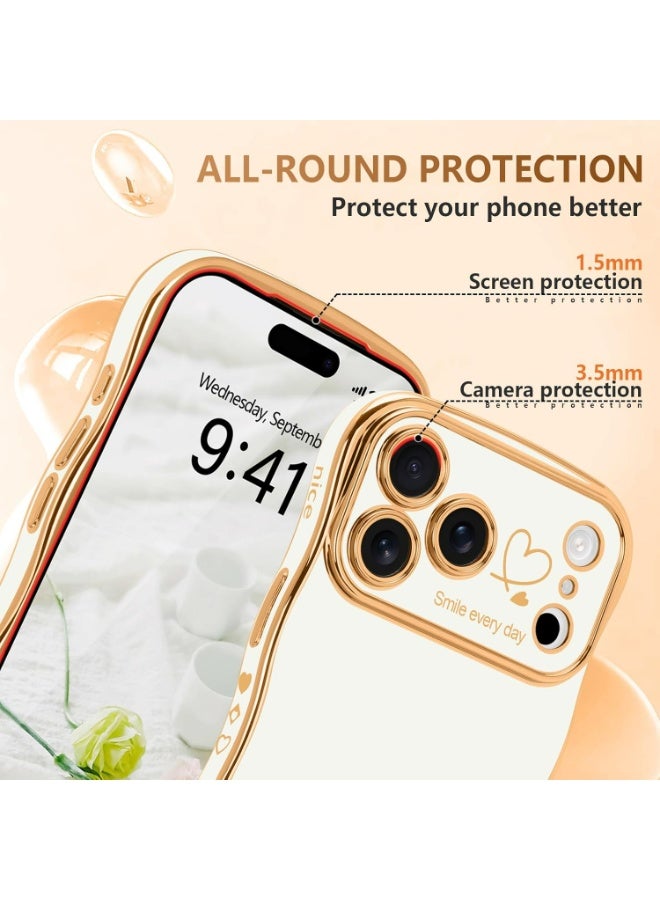 HaDoii iPhone 17 Pro Max Case, Cute Wave Frame Curly Shape with Love Heart Pattern Raised Camera Protection Cover Luxury Plating Shockproof Phone Case for Women Girls, White - Image 5