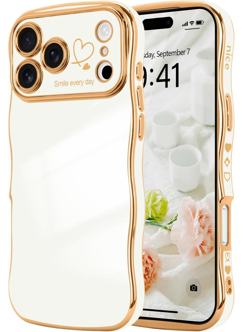 HaDoii iPhone 17 Pro Max Case, Cute Wave Frame Curly Shape with Love Heart Pattern Raised Camera Protection Cover Luxury Plating Shockproof Phone Case for Women Girls, White - Image 1