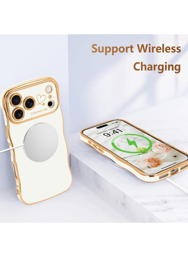 HaDoii iPhone 17 Pro Max Case, Cute Wave Frame Curly Shape with Love Heart Pattern Raised Camera Protection Cover Luxury Plating Shockproof Phone Case for Women Girls, White - Image 4