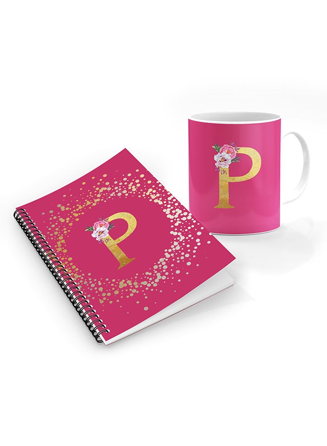 Stylizedd Printed Coffee Mug + A5 Spiral Notebook Memo Personalised Combo Gift Set Custom Monogram Initial Letter Floral Pattern Alphabet -  P (Pink Rose)