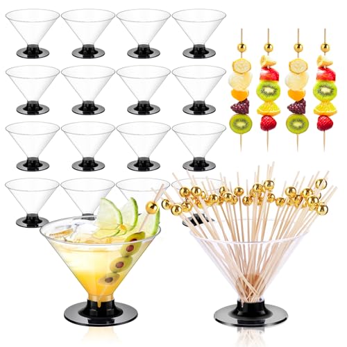 ALEXPRE 60Pcs Plastic Martini Glasses Disposable Cocktail Glasses for Parties + 100Pcs Pearl Cocktail Picks, Clear Unbreakable Mini Plastic Margarita Glasses for Weddings Wine Ice Cream Appetizers Food - Image 1