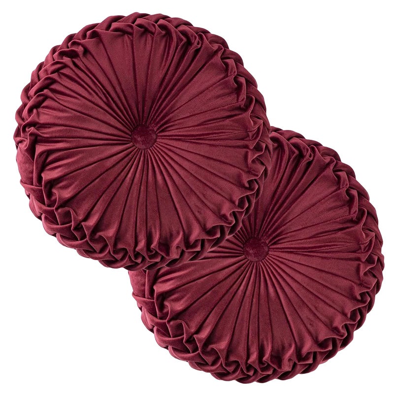 Teieas 2 Pcs Round Throw Pillows Decorative Pumpkin Velvet Boho Pleated Bed Pillows Back Support for Couch Chair Dorm Car 1496 Burgundy - Image 2