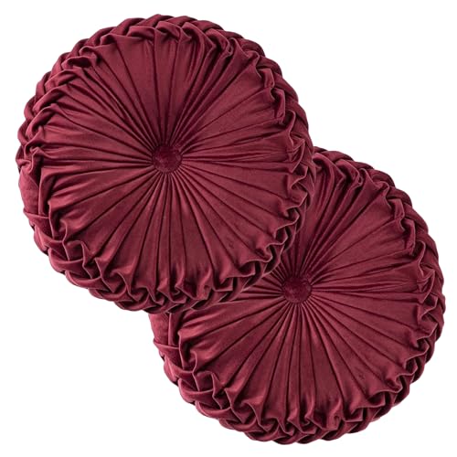 Teieas 2 Pcs Round Throw Pillows Decorative Pumpkin Velvet Boho Pleated Bed Pillows Back Support for Couch Chair Dorm Car 1496 Burgundy - Image 1