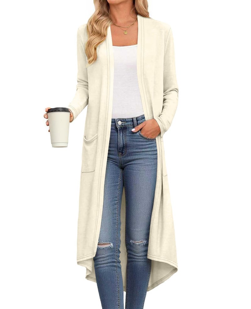 DB MOON Womens Long Cardigan Fall Lightweight Long Sleeve Sweater Light Weight Winter Open Front Sweaters with Pockets L, Beige - Image 1