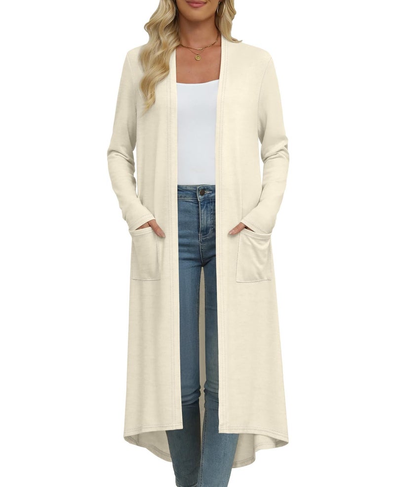 DB MOON Womens Long Cardigan Fall Lightweight Long Sleeve Sweater Light Weight Winter Open Front Sweaters with Pockets L, Beige - Image 3