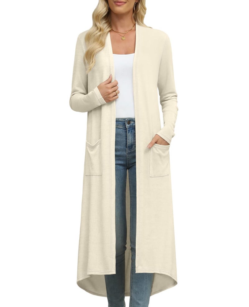 DB MOON Womens Long Cardigan Fall Lightweight Long Sleeve Sweater Light Weight Winter Open Front Sweaters with Pockets L, Beige - Image 2