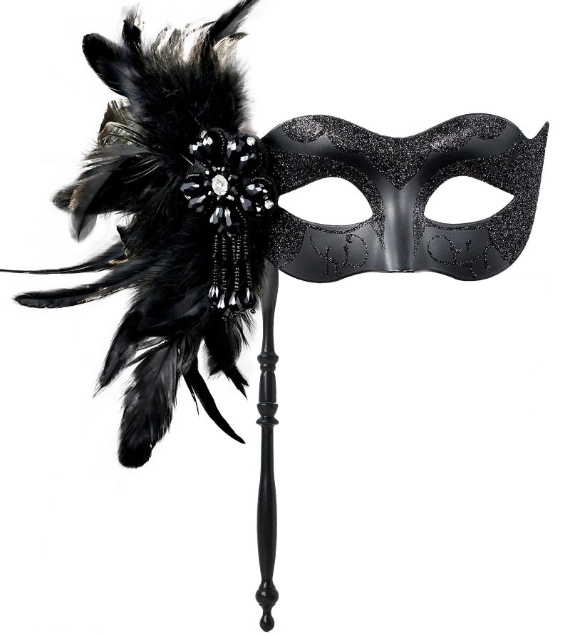 MYSEUNI 2025 New Black Masquerade Mask with Stick - Shiny Women's Feather Mardi Gras Venetian Mask for Halloween Parties, Carnival, Cosplay Prom, Christmas, Wedding, Bar, Costume Accessory - Image 1