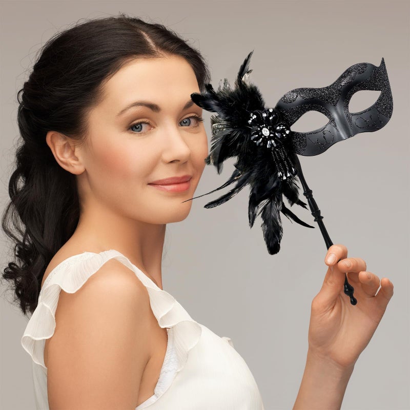 MYSEUNI 2025 New Black Masquerade Mask with Stick - Shiny Women's Feather Mardi Gras Venetian Mask for Halloween Parties, Carnival, Cosplay Prom, Christmas, Wedding, Bar, Costume Accessory - Image 5