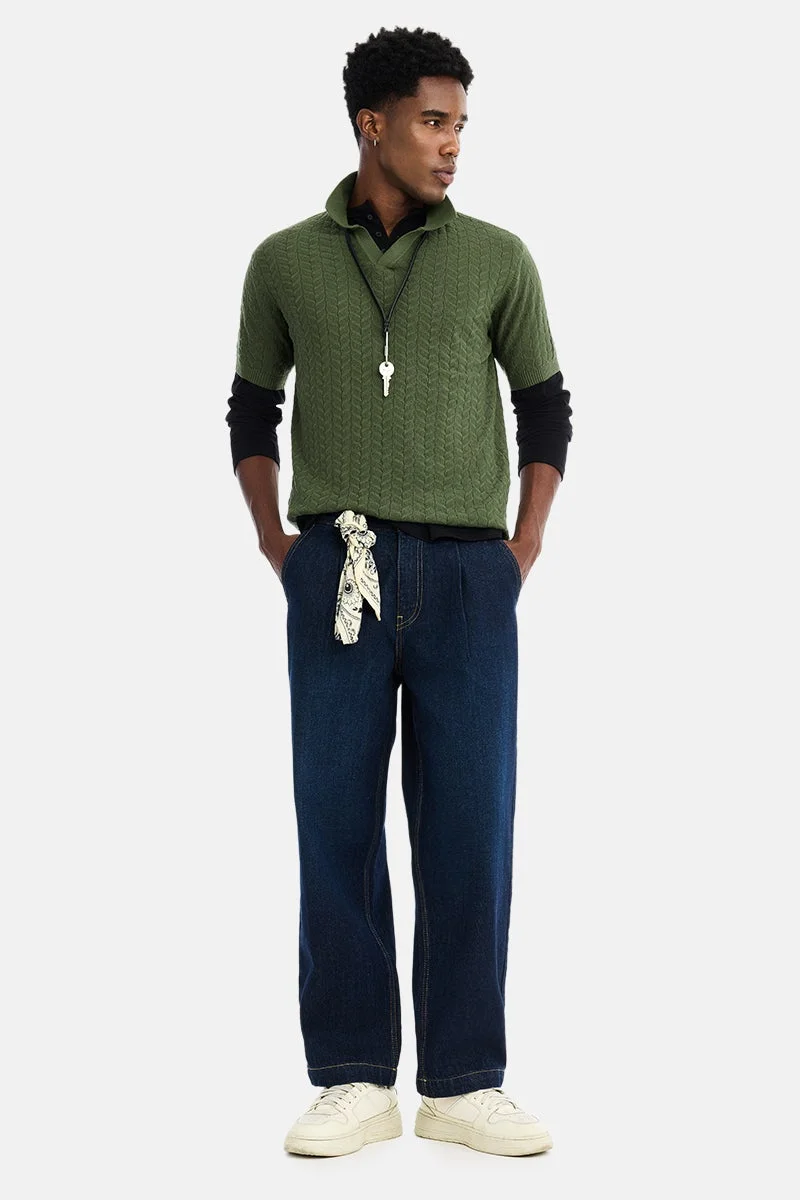 SNITCH Dark Green Textured Half Sleeve Regular Fit Casual T-Shirt